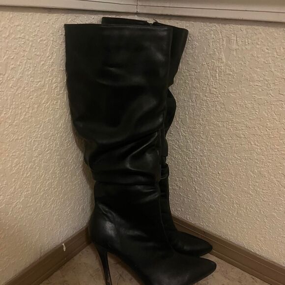 CHASE + CHLOE leatherette slouchy pointy toe black knee high heels SIZE 9 - Picture 3 of 7